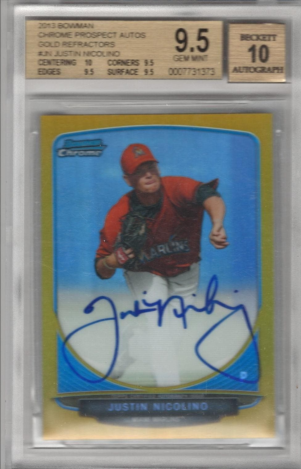 2013 Bowman Chrome Justin Nicolino Gold Refractors Auto /50 BGS 9.5/10
