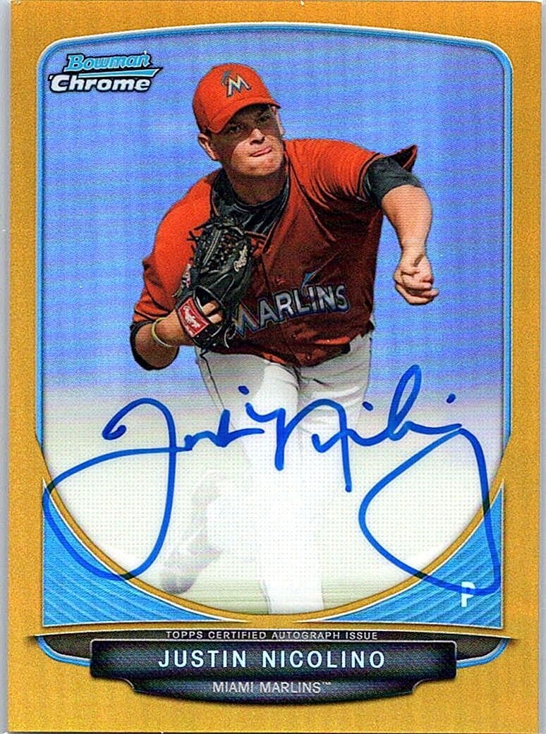 2013 Bowman Justin Nicolino Chrome Prospect Autographs Gold Refractors /50