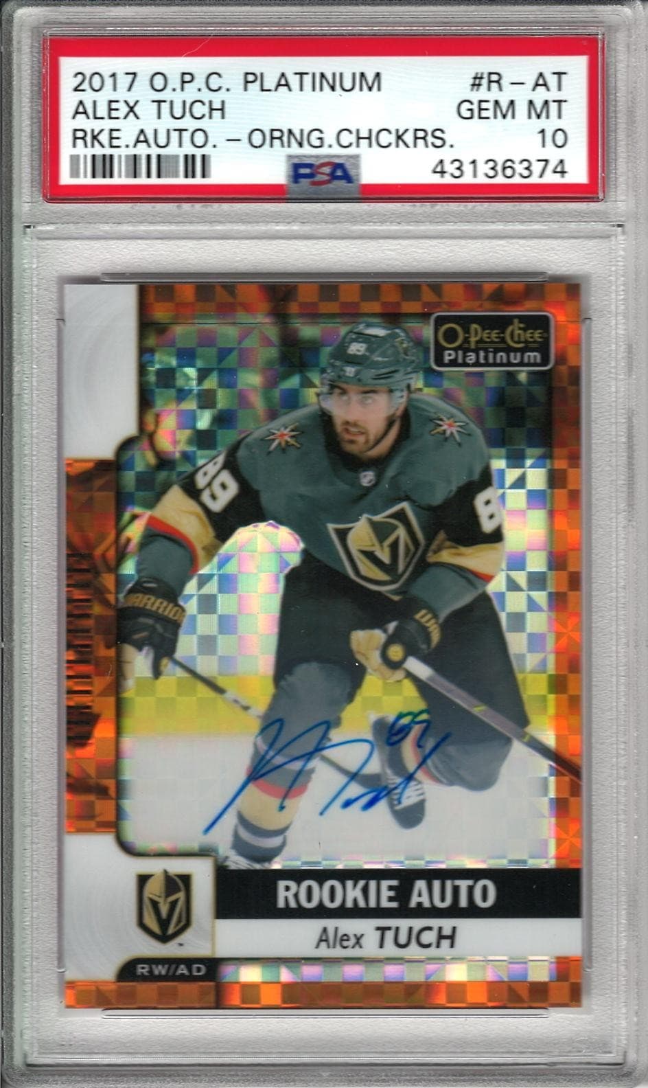 2017-18 OPC Platinum Alex Tuch Rookie Autographs Orange Checkers /15 PSA 10