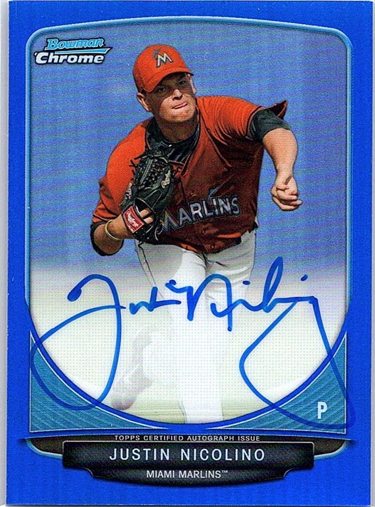 2013 Bowman Justin Nicolino Chrome Prospect Auto Blue Refractors /150