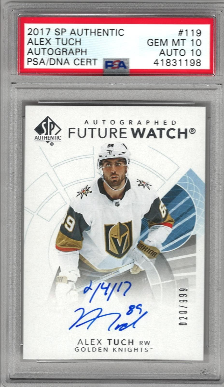 2017-18 SP Authentic Alex Tuch RC Future Watch Auto Inscribed /999 PSA 10