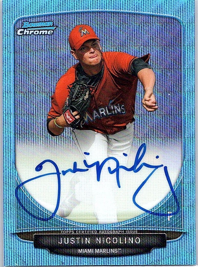 2013 Bowman Justin Nicolino Chrome Prospect Auto Blue Wave Refractors /50