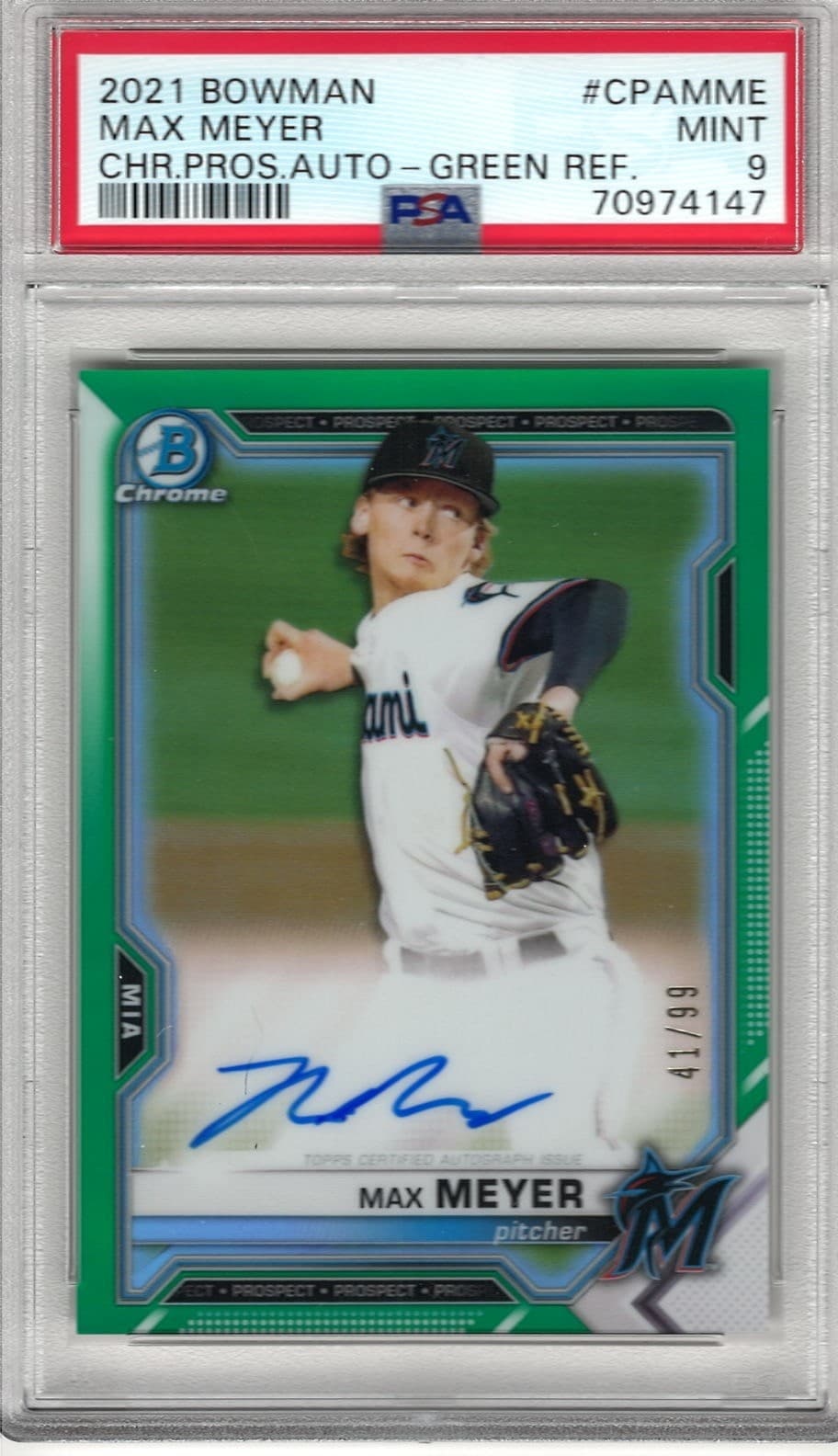 2021 Bowman Chrome Max Meyer Prospect Autographs #CPAMME Green Auto /99 PSA 9