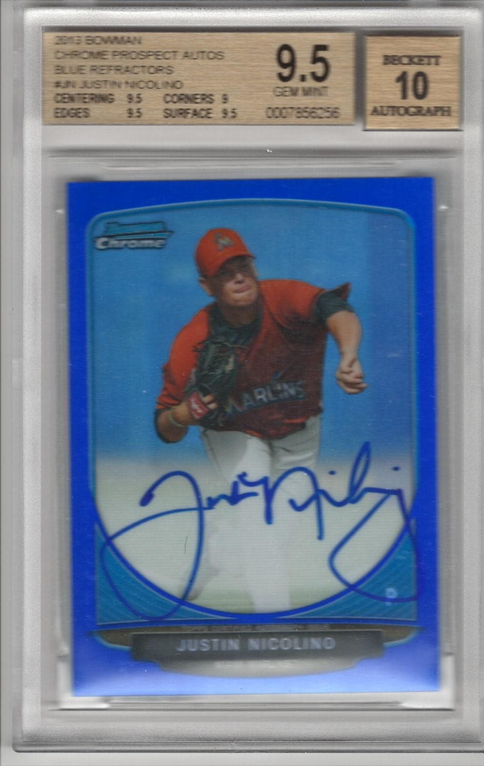 2013 Bowman Chrome Justin Nicolino Blue Refractors Auto BGS 9.5 /150