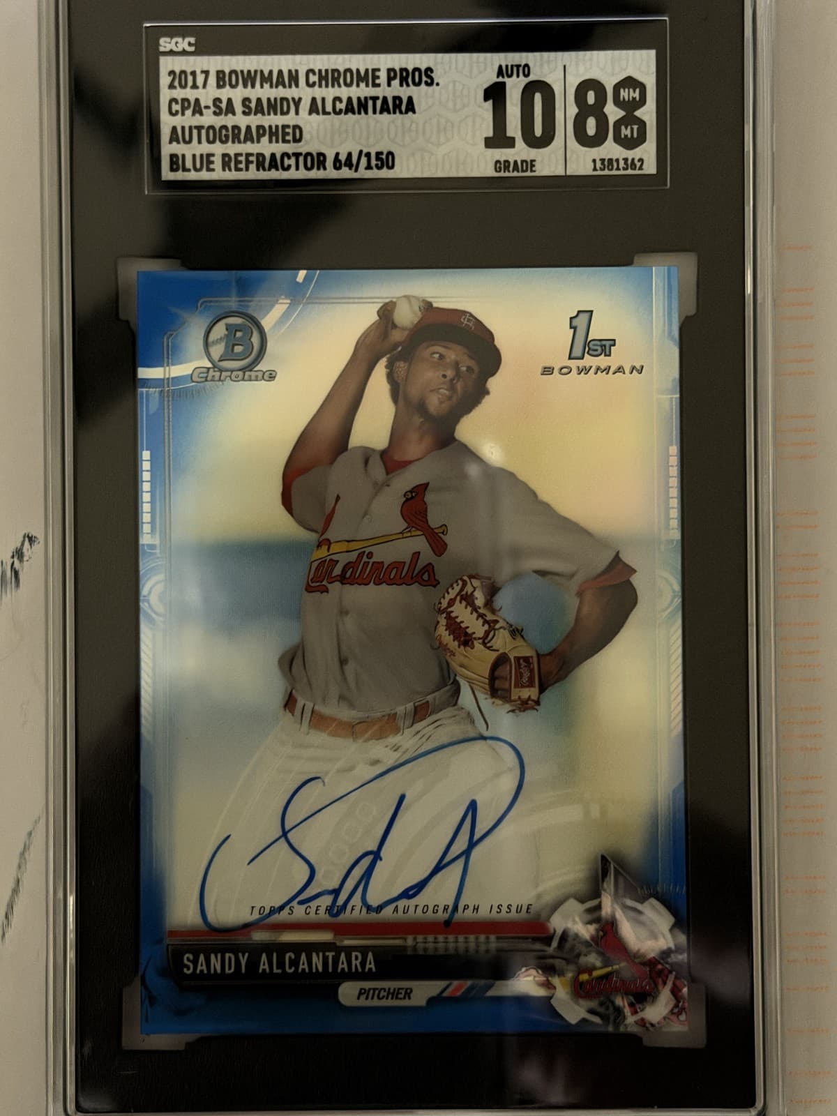 2017 Bowman Chrome Prospect Autographs Sandy Alcantara Blue Ref /150 SGC 8/10