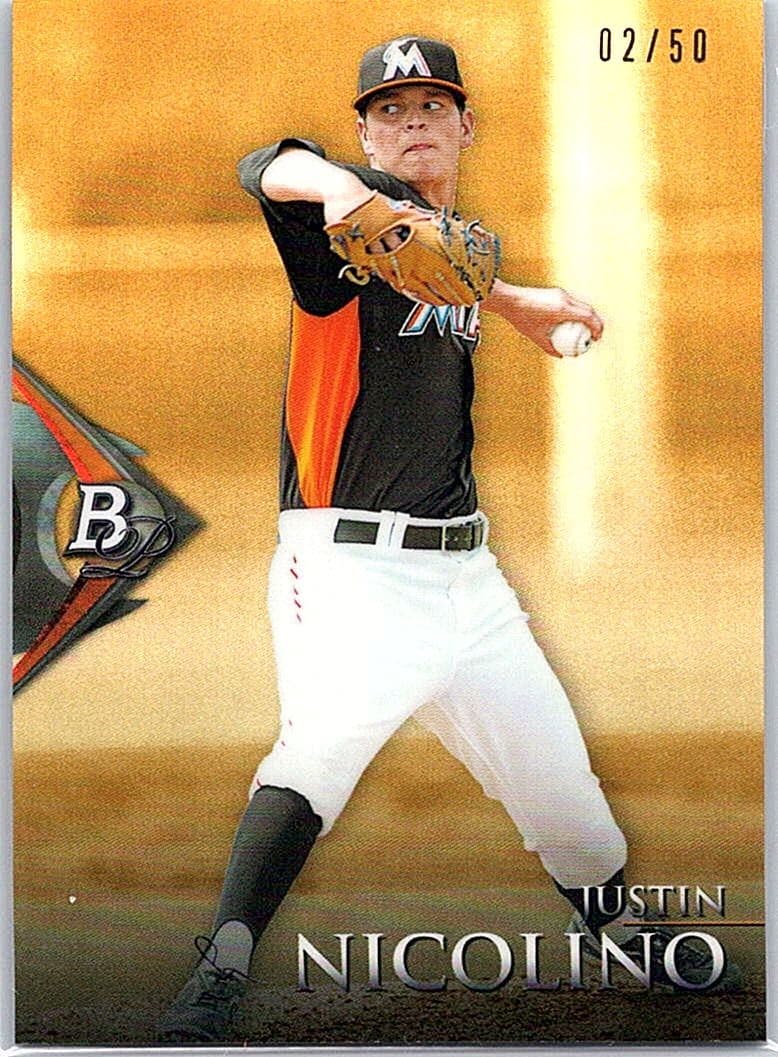 2014 Bowman Platinum Justin Nicolino Chrome Prospects Gold Refractors /50